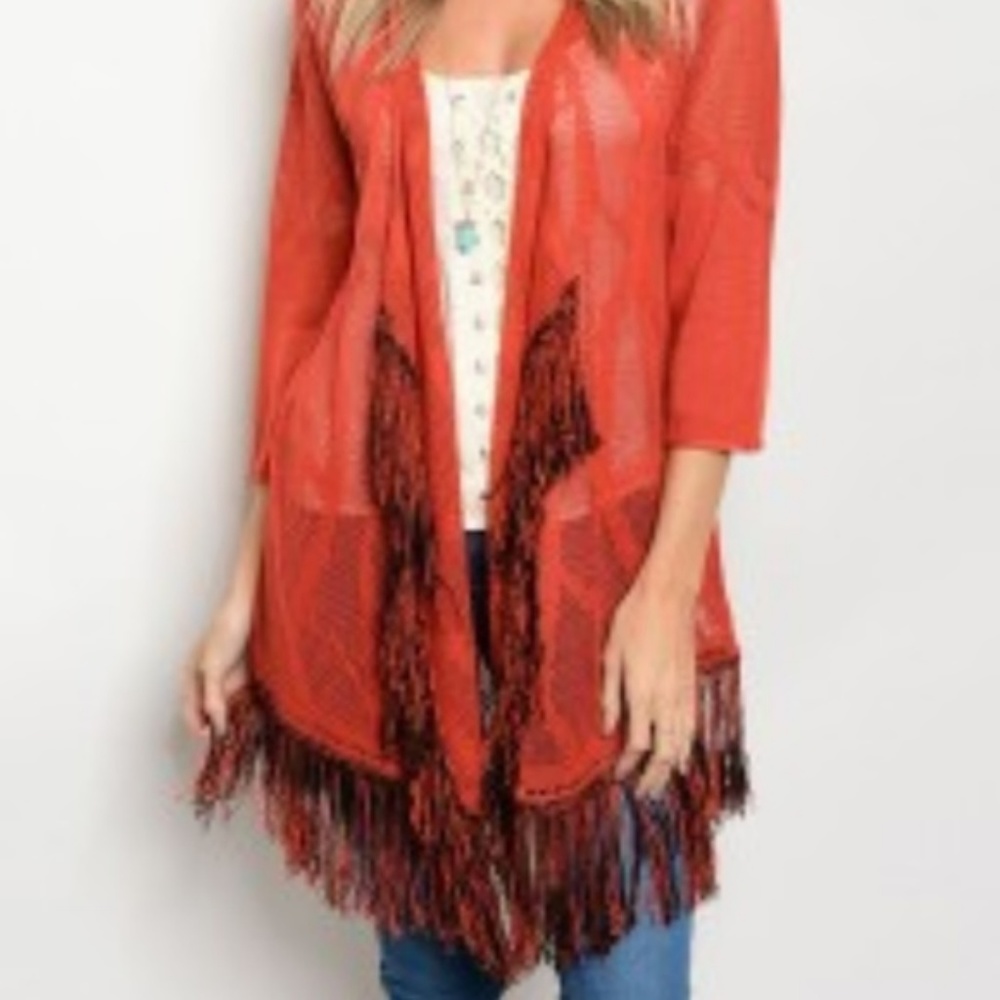 NWT Crochet Knit Aztec Print Cardigan with Fringe - Picture 3 of 4